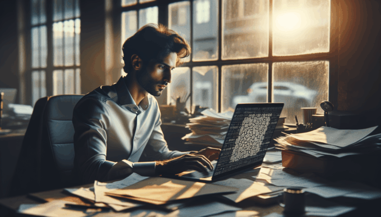 Person using a laptop in cluttered office desk with AI innovation application