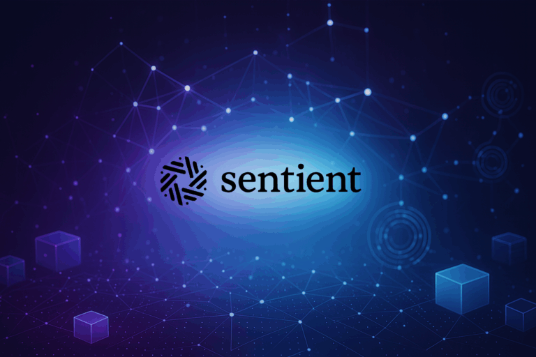 Sentient AGI open-source network visual with logo in center, showing agents, data nodes, Dobby benchmarks, and Travel Explorer demo