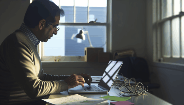 Tech startup founder analyzing data on laptop with AI startups drive in focus