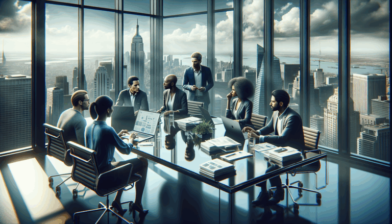 An ultra-realistic cinematic scene of a diverse group of people collaborating around a futuristic conference table in an urban office setting with Mistral AI valuation
