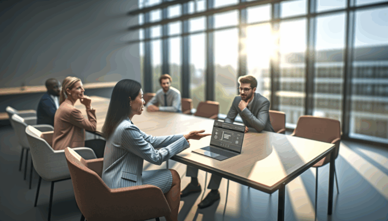 Wide establishing shot of professionals engaging with an AI chatbot in a modern office conference room.
