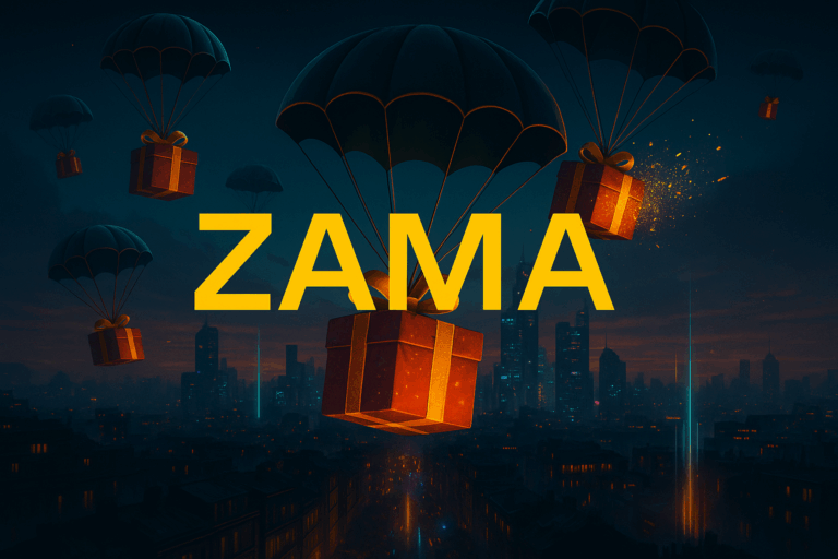 Creators replace airdrops – Zama Episode 2 illustration with parachutes carrying gifts over a futuristic city, symbolizing failed airdrops replaced by creators