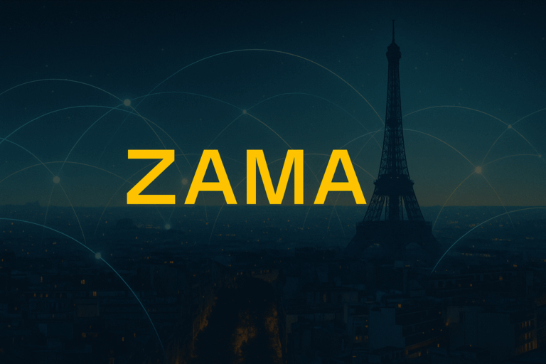 Futuristic stylized Eiffel Tower with glowing digital threads symbolizing Zama Invisible Revolution and the Confidential Internet, logo centered