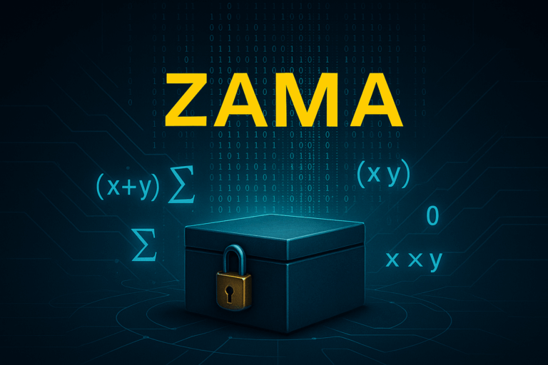 Zama Invisible Revolution Episode 3 – Fully Homomorphic Encryption explained simply, digital illustration with futuristic encrypted data streams in the background. FHE explained simply
