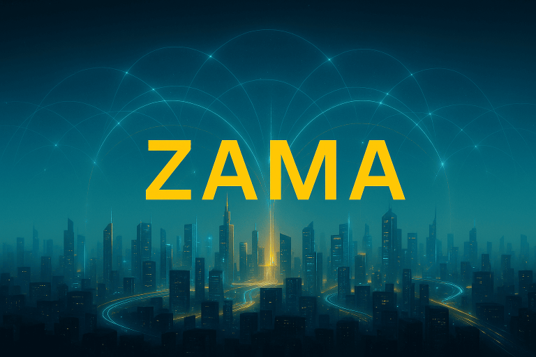 Zama Invisible Revolution Episode 5 – futuristic city skyline with glowing encrypted data streams, symbolizing the Confidential Internet 2030, ZAMA logo centered.