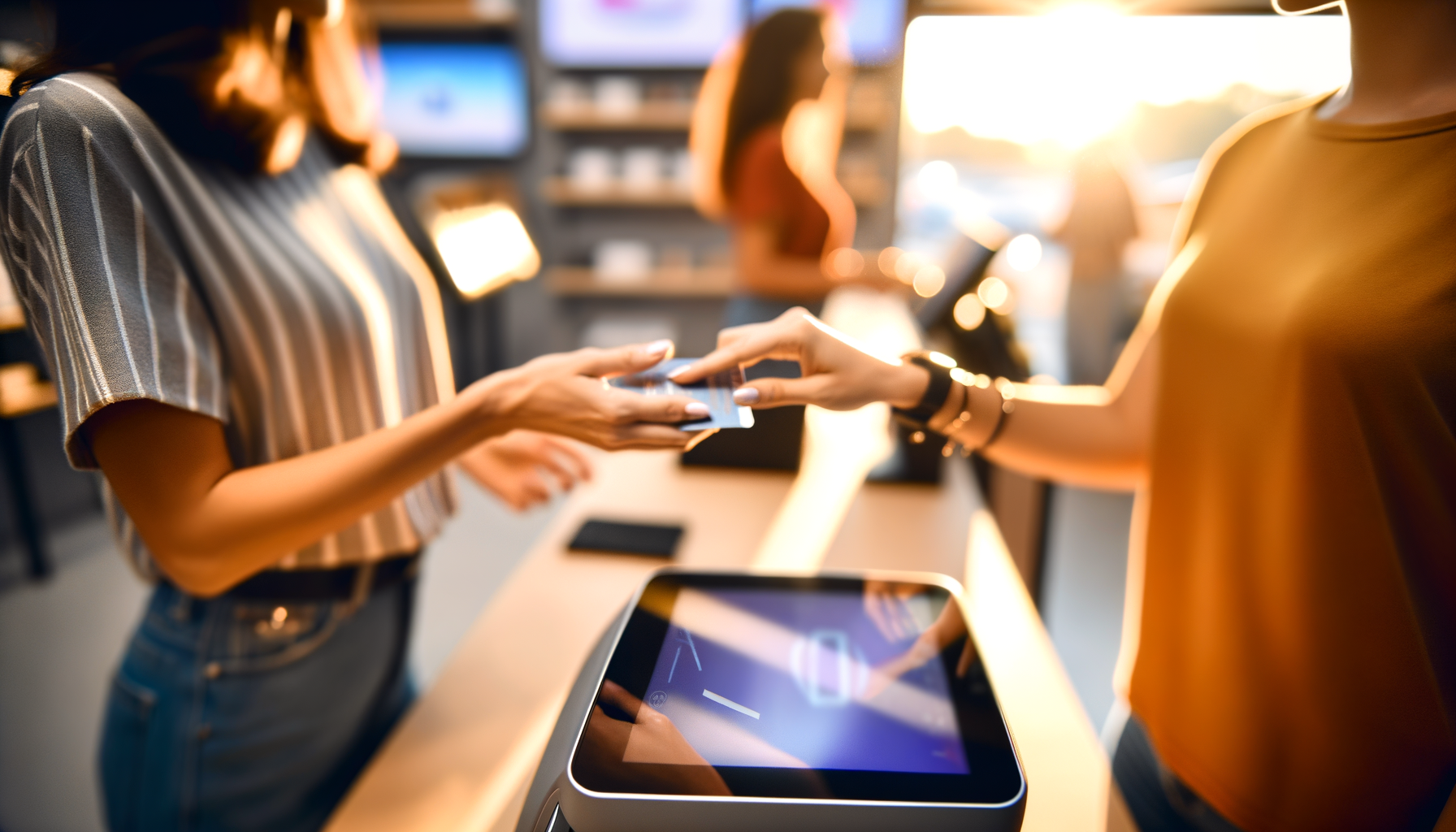Over-the-shoulder retail transaction at checkout counter during golden hour