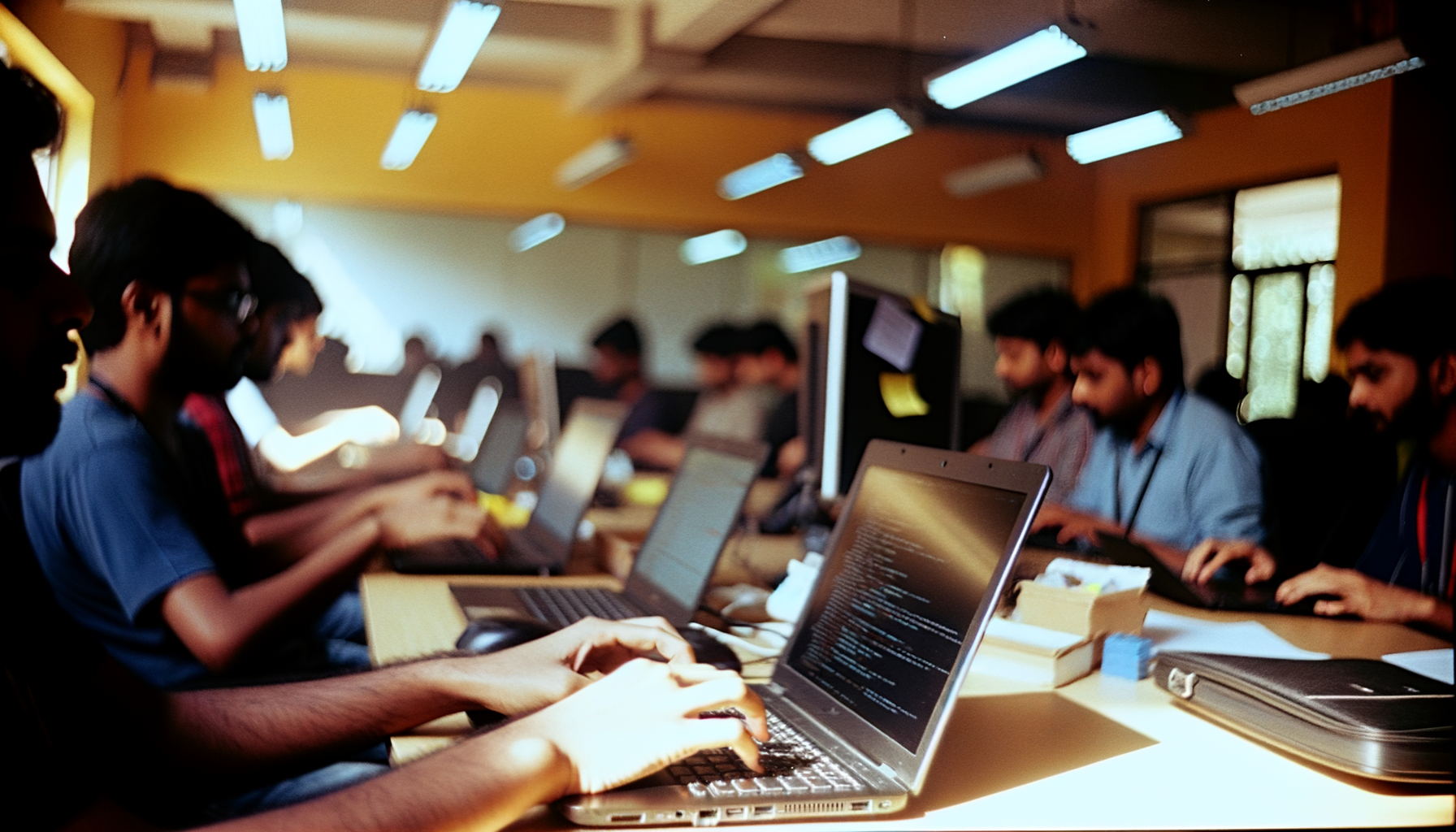 Hands collaborating over laptops in Indian tech hub with Google's $15B investment in India