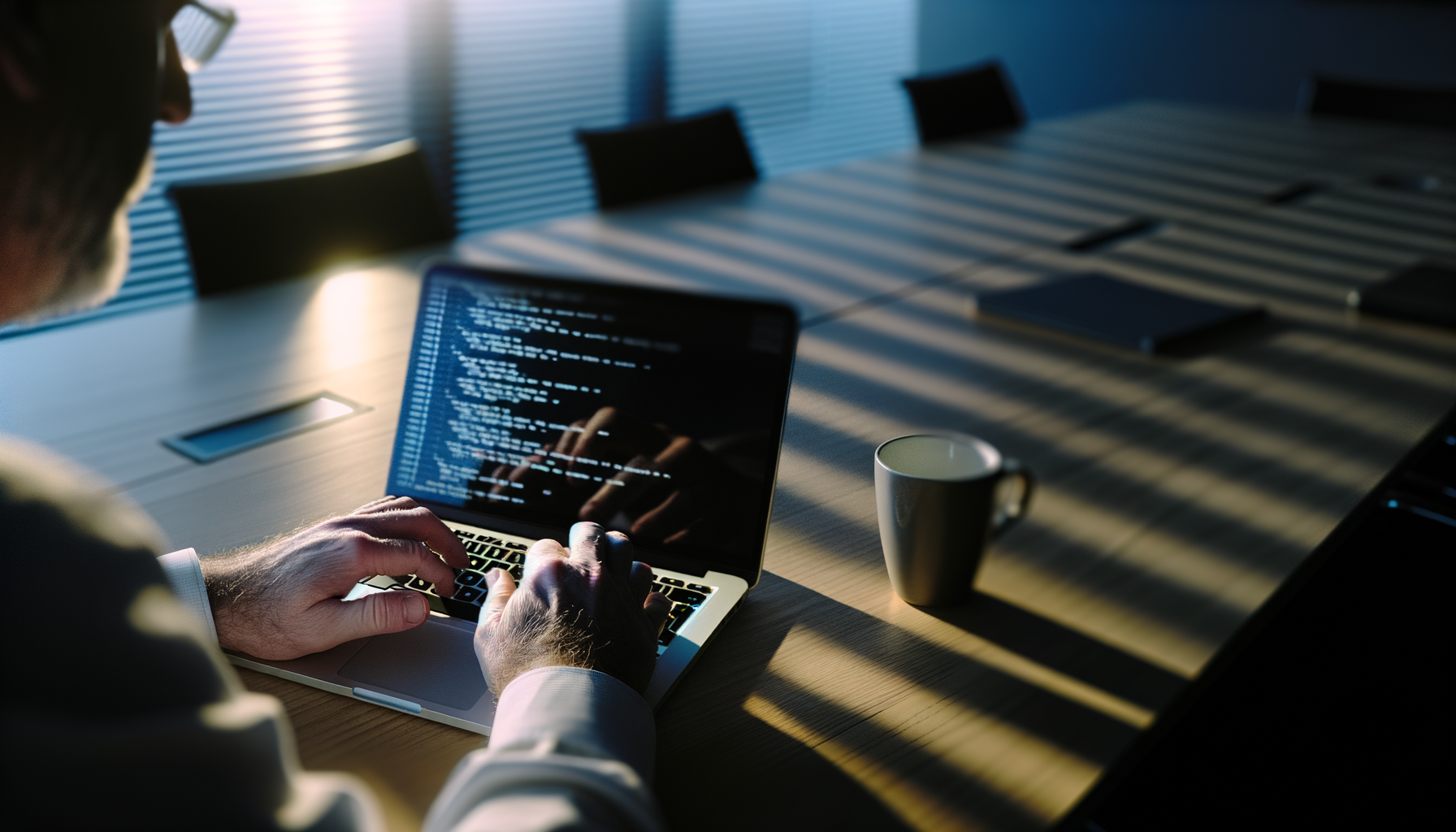 Person typing on laptop in dimly lit conference room, government hackers visible in code on screen