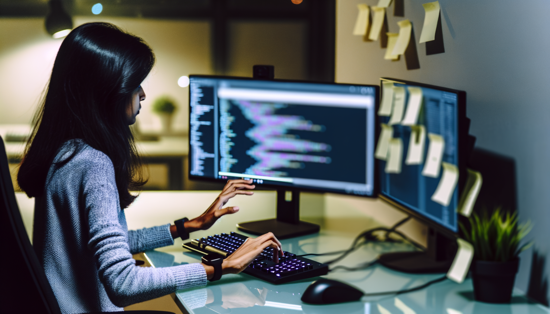Person interacting with AI-driven interface in modern office environment