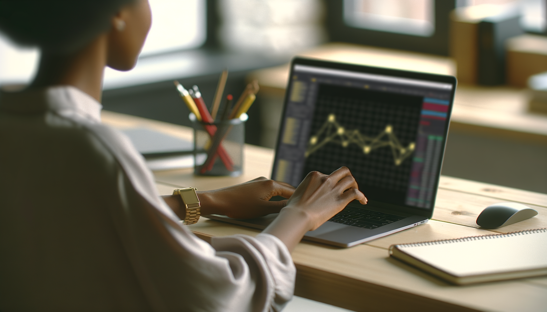 Over-the-shoulder action shot in a modern office with hands typing on a laptop displaying blockchain graphs