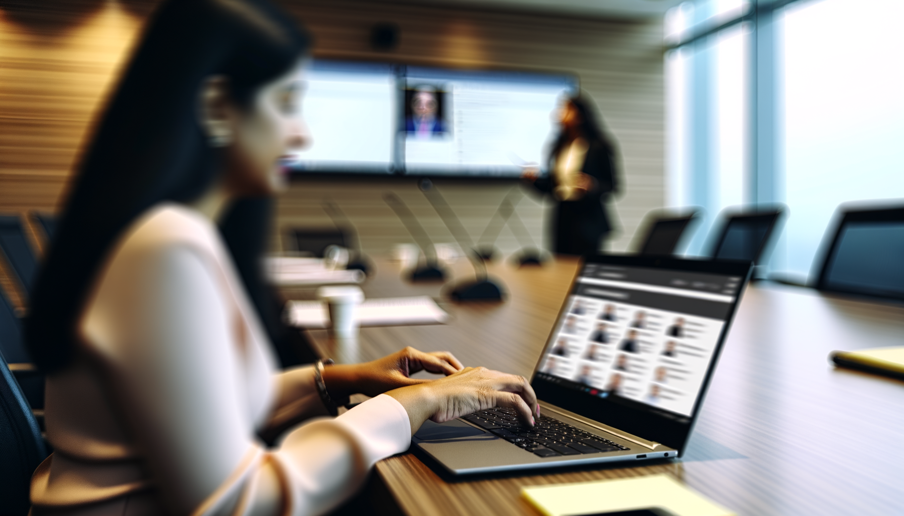 Person in conference room using laptop with AI answer engine