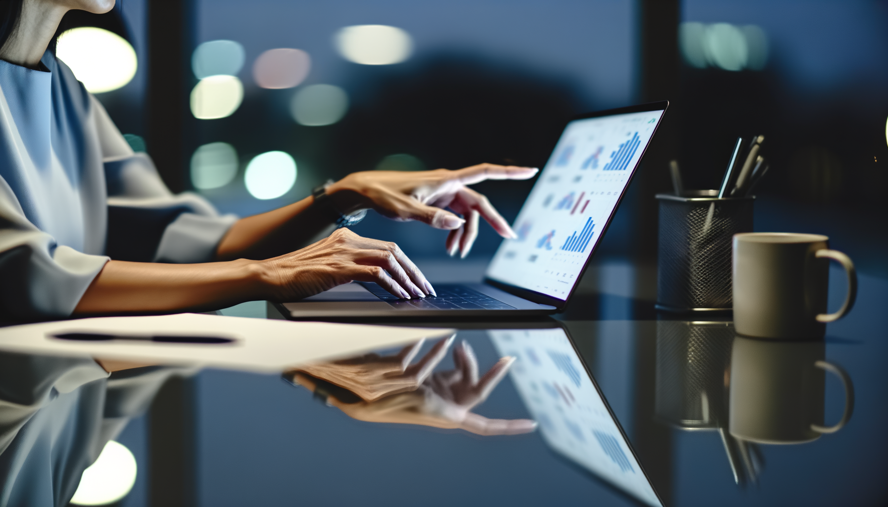 Professional reviewing detailed AI analytics on laptop screen with focus on hands during golden hour
