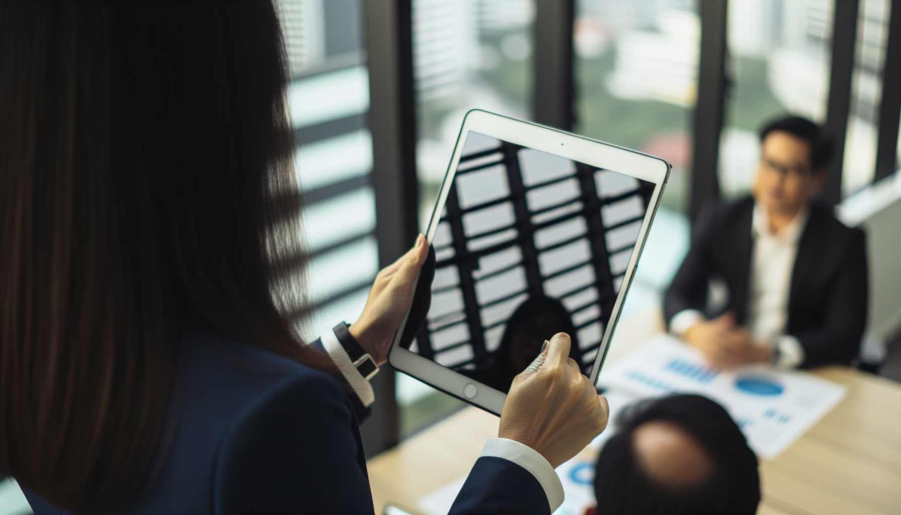 Tech executive presenting OpenAI's financial goal on tablet in office meeting