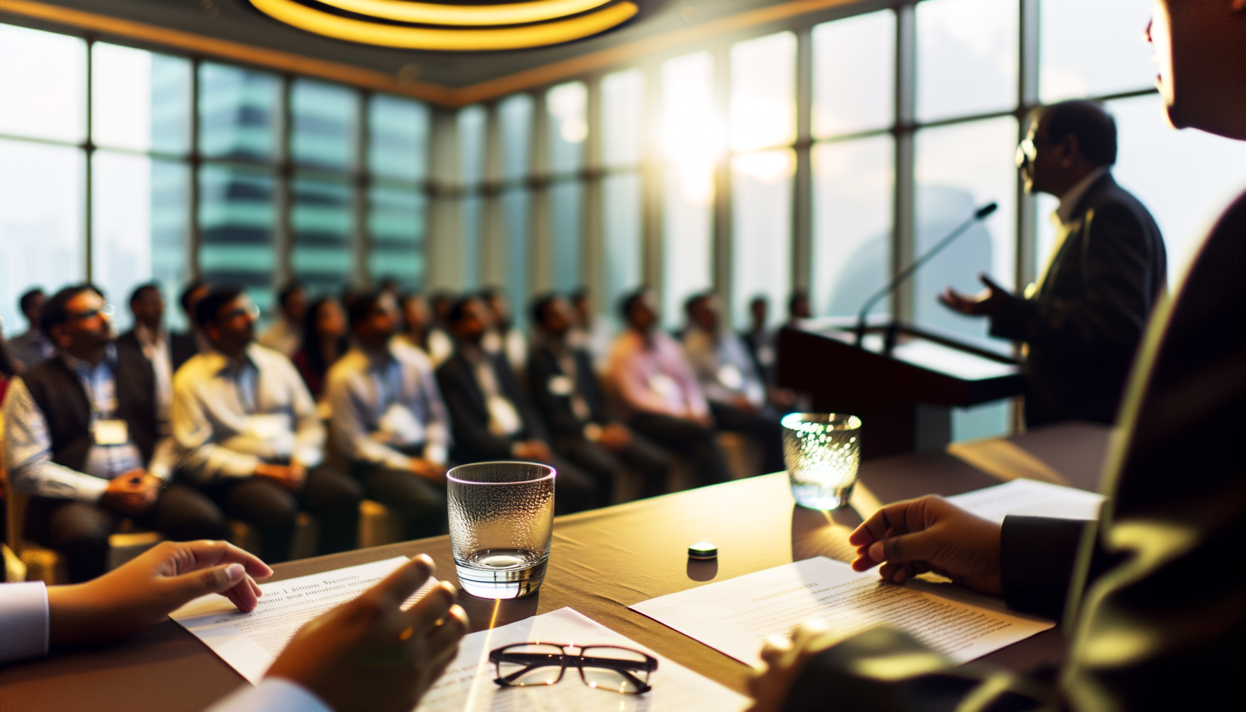 Wide establishing shot of a bustling conference room with Adam Mosseri speaking at a podium during golden hour