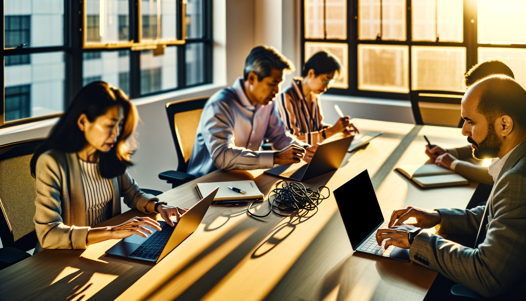 A wide establishing shot inside a high-tech conference room during golden hour lighting, showing collaboration among tech experts and satellite data vulnerabilities.