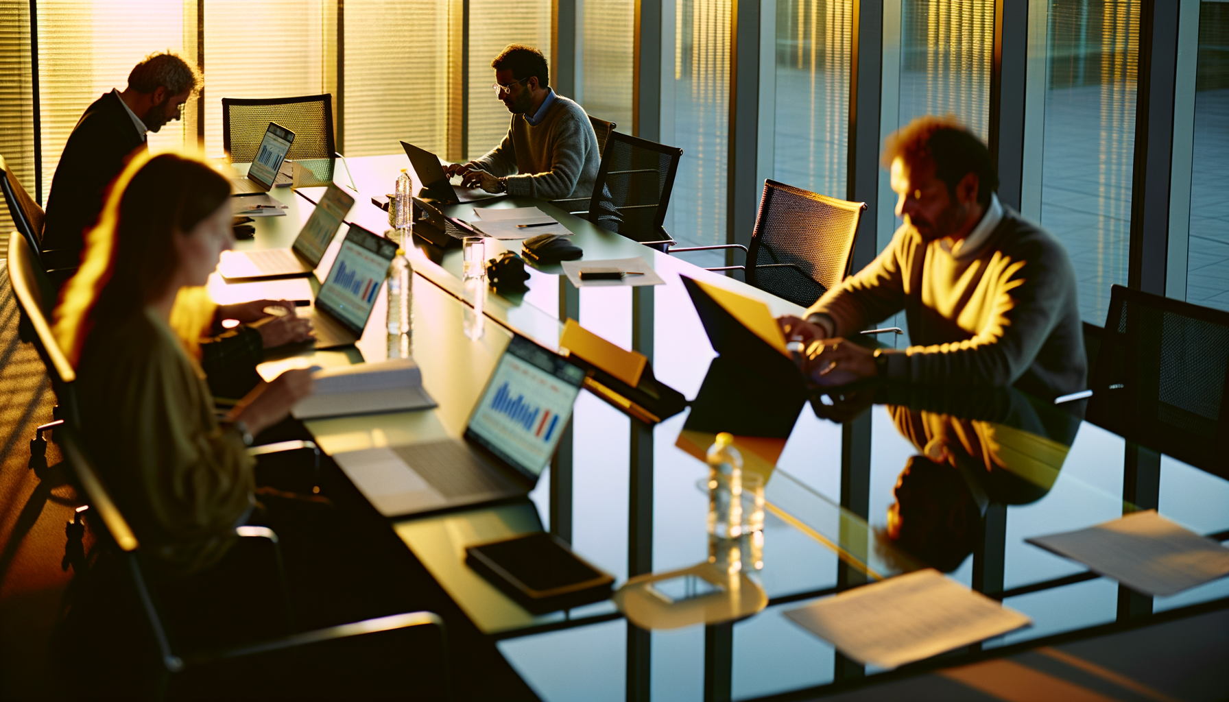 Diverse team analyzing digital charts in modern conference room during golden hour with AI infrastructure deals