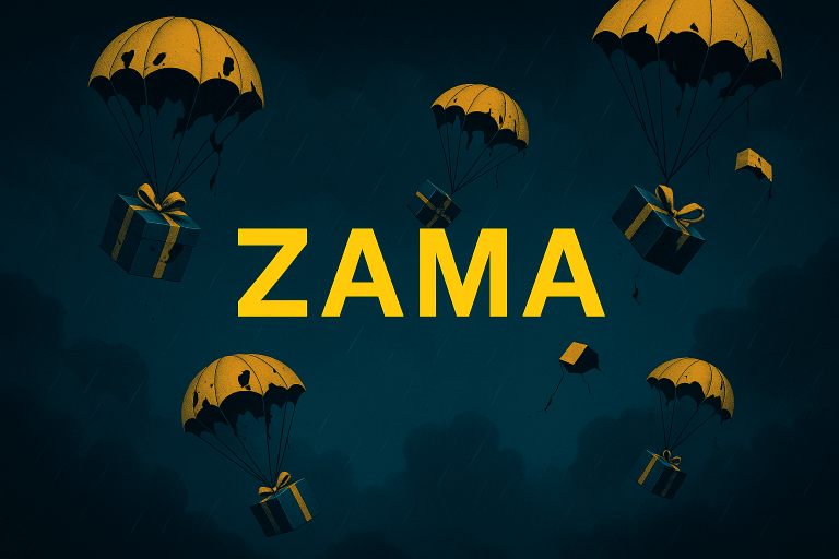 Zama logo with broken parachutes dropping failed airdrop gifts over a futuristic city, symbolizing a fake zama airdrop revolution