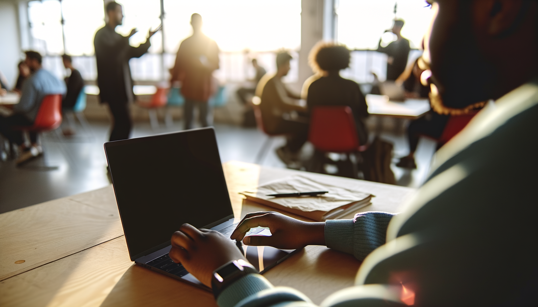 Person working on a laptop in a bustling tech conference room with AI agent tools