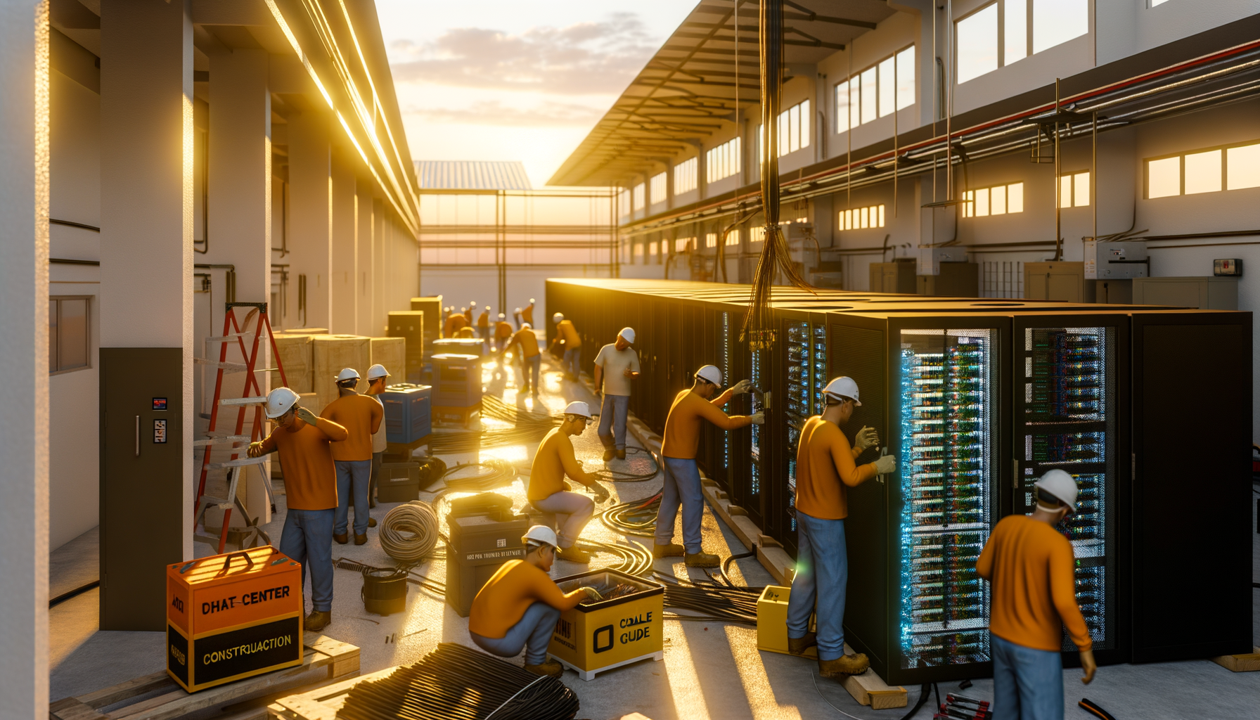 Construction workers assembling an AI data center at sunrise with directional golden hour light