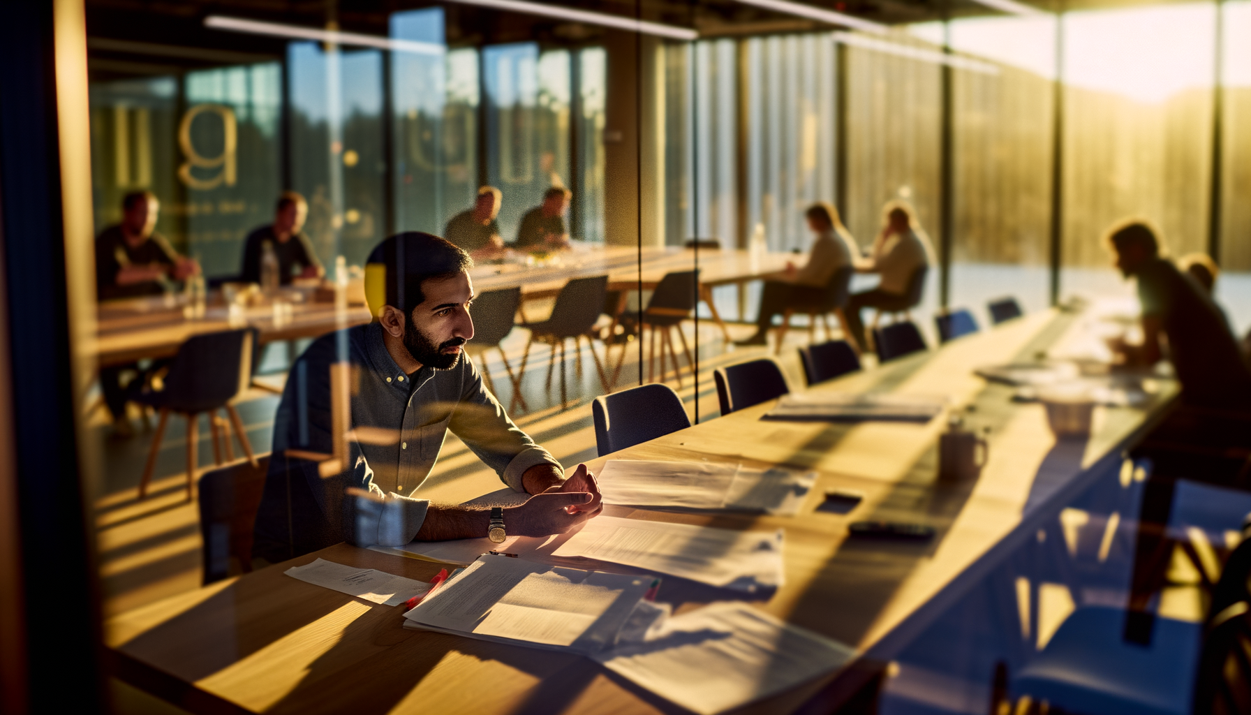 Wide establishing shot of Amin Vahdat in a Google conference room at a discussion table during golden hour, embodying AI infrastructure leader.