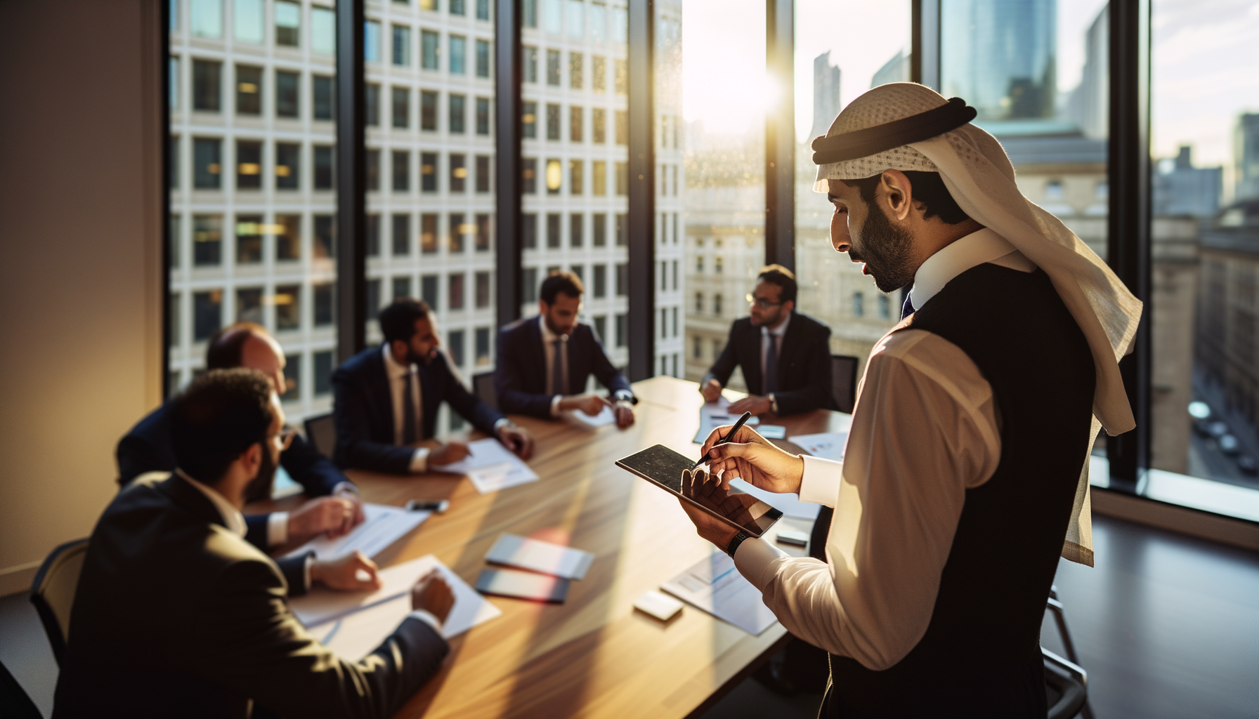 Over-the-shoulder business meeting with diverse professionals at conference table discussing ChatGPT Enterprise