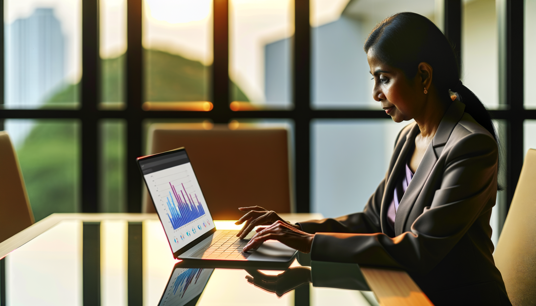 Businessperson at conference table using laptop with data charts during golden hour
