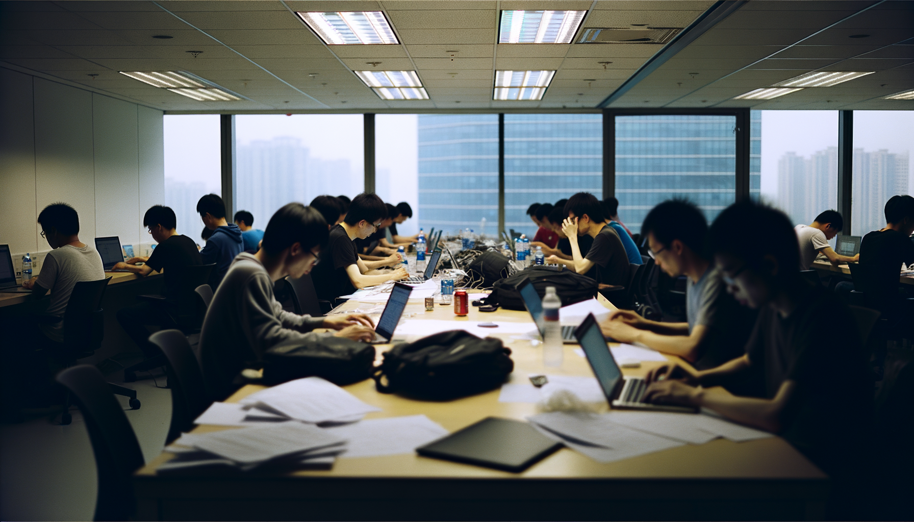 Wide shot of a bustling Chinese tech conference room with engineers discussing Nvidia H200 production