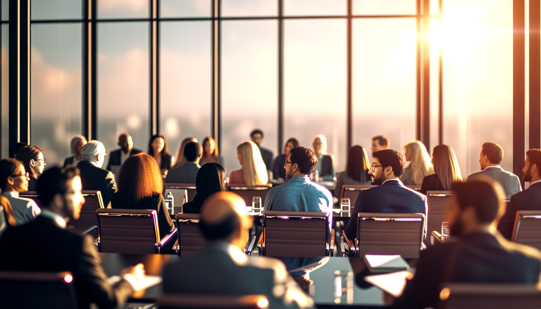 Diverse group discussing blockchain technology in a bustling conference room at golden hour