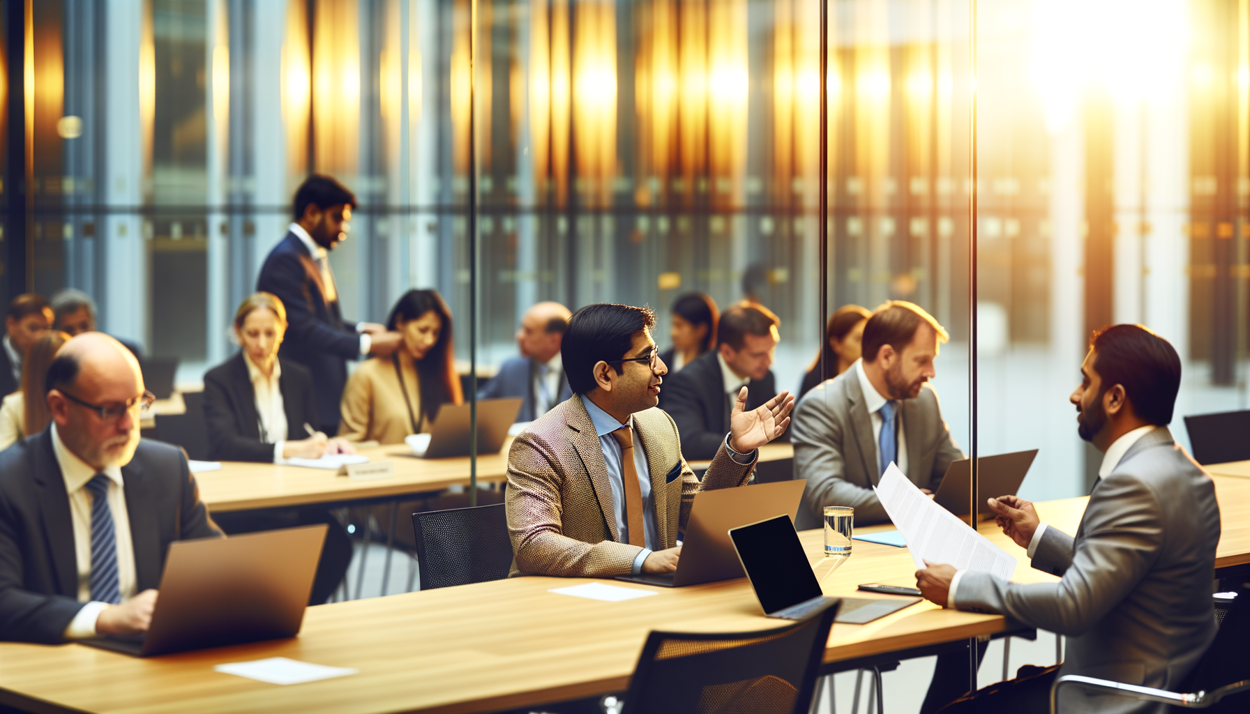 Wide shot of a bustling conference room with diverse professionals discussing AI investment trends.