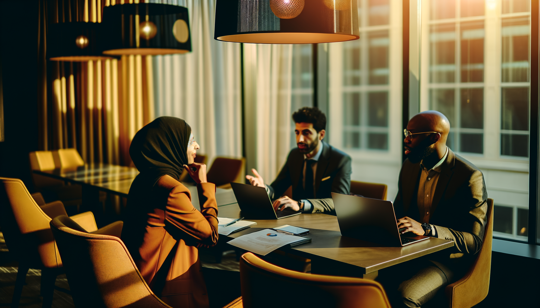 Professionals discussing web3 trends in a modern conference room during golden hour