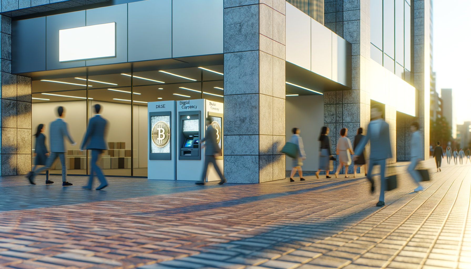 Bustling street scene outside modern banking building with cryptocurrency revolution