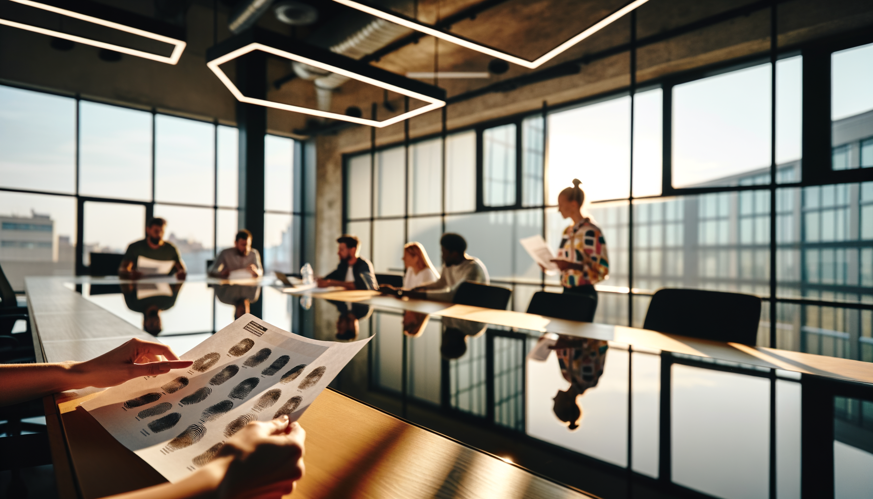 Wide shot of a modern office with employees engaged in discussions around a conference table showcasing blockchain adoption in global industries.
