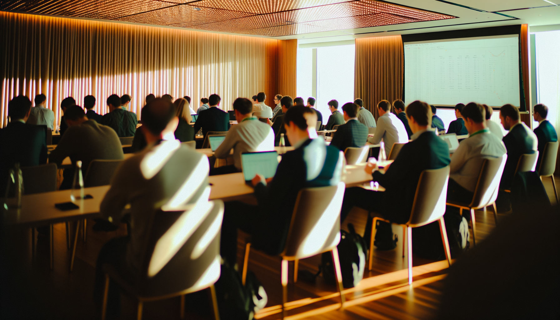 Wide shot conference room blockchain seminar attendees engaging in discussion during golden hour