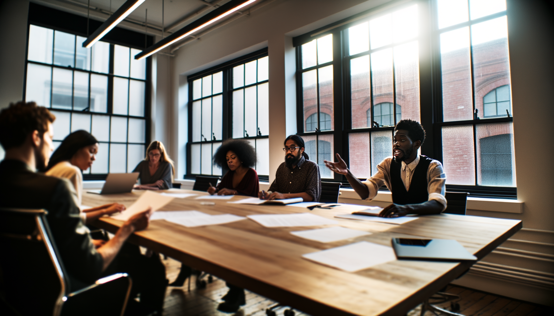 Wide shot of diverse individuals engaged in discussion in a conference room