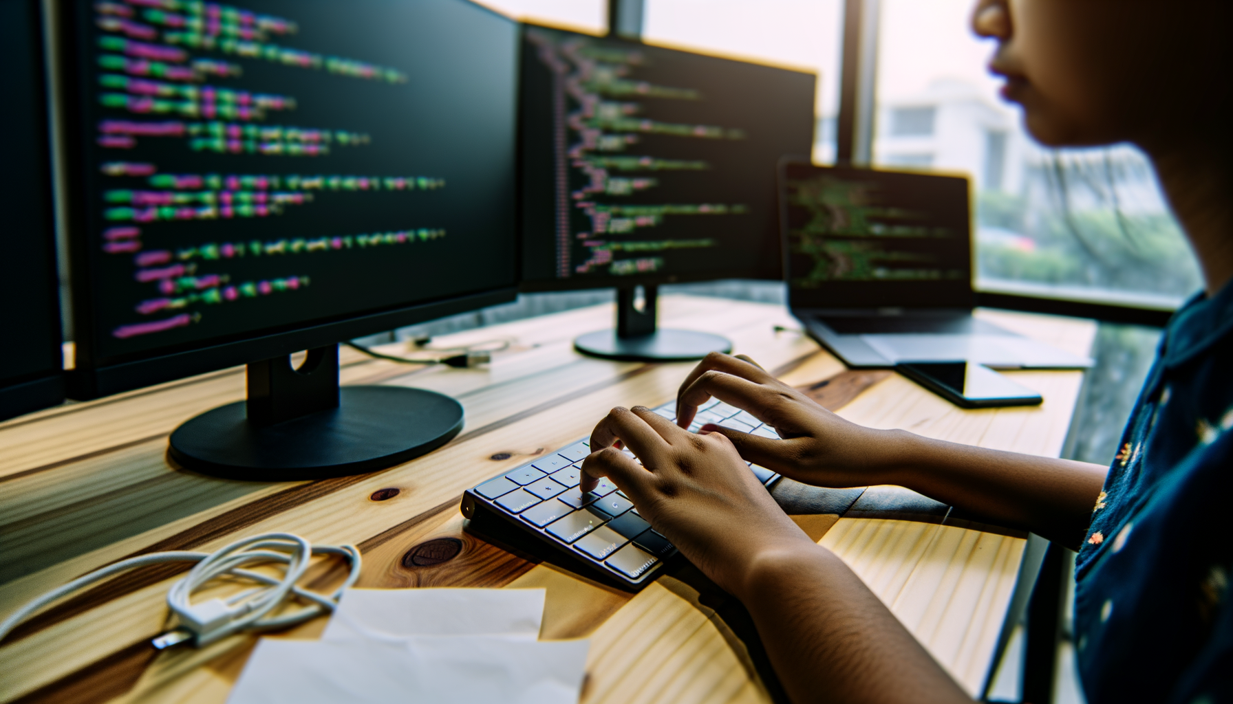 Developer coding on multiple screens in modern office setting with Web3 innovations