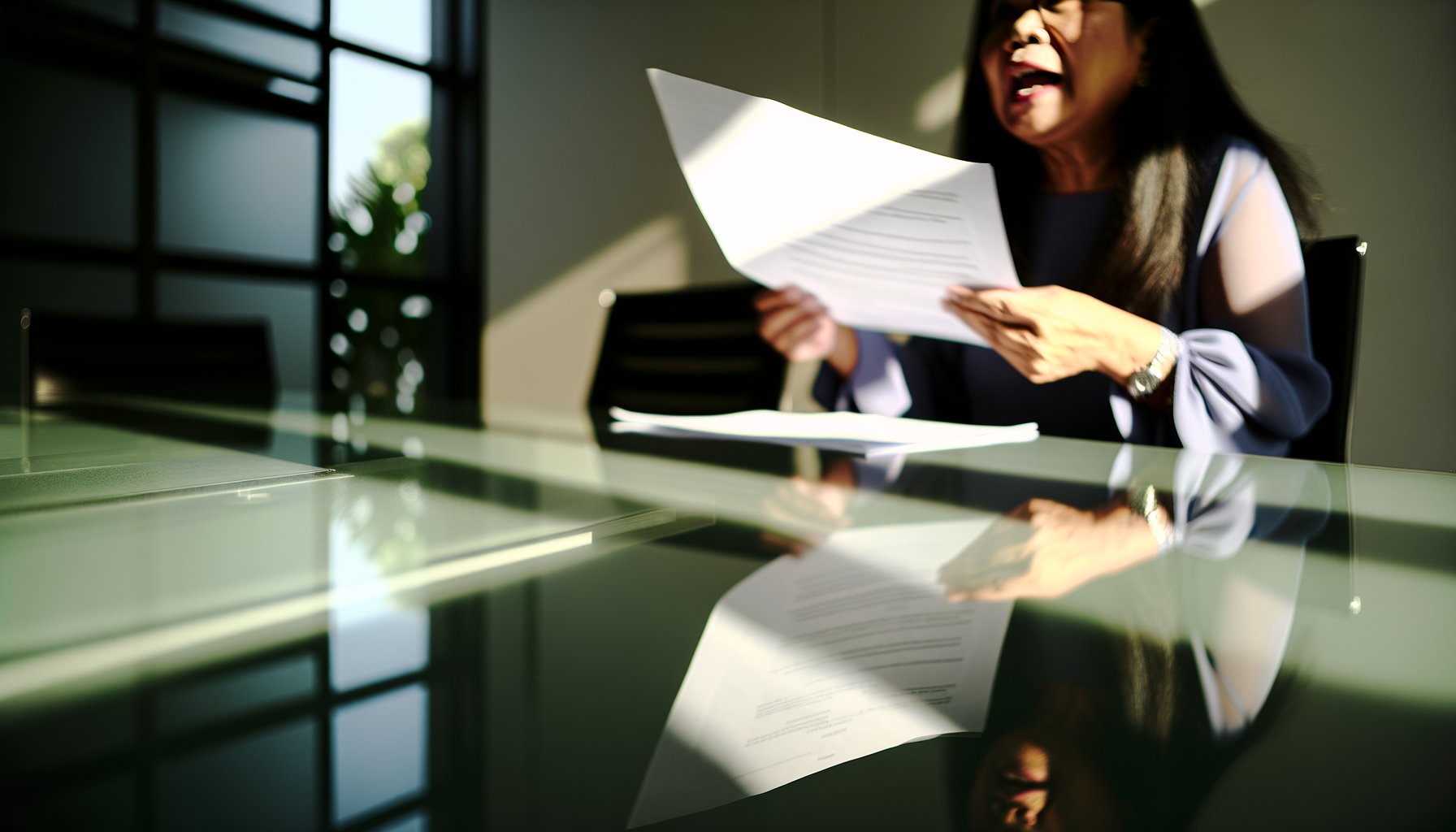 Hands holding documents in modern conference room with OpenAI investment strategy under window light