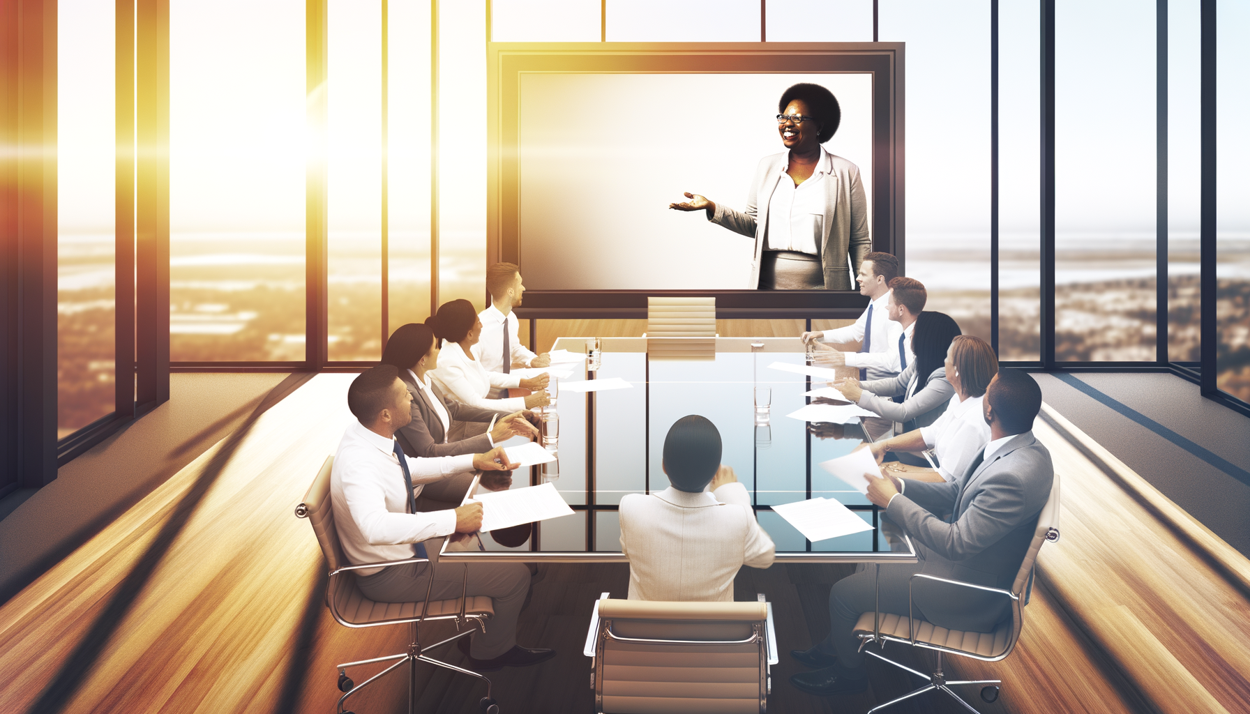 Executive discussing strategies in modern conference room during golden hour