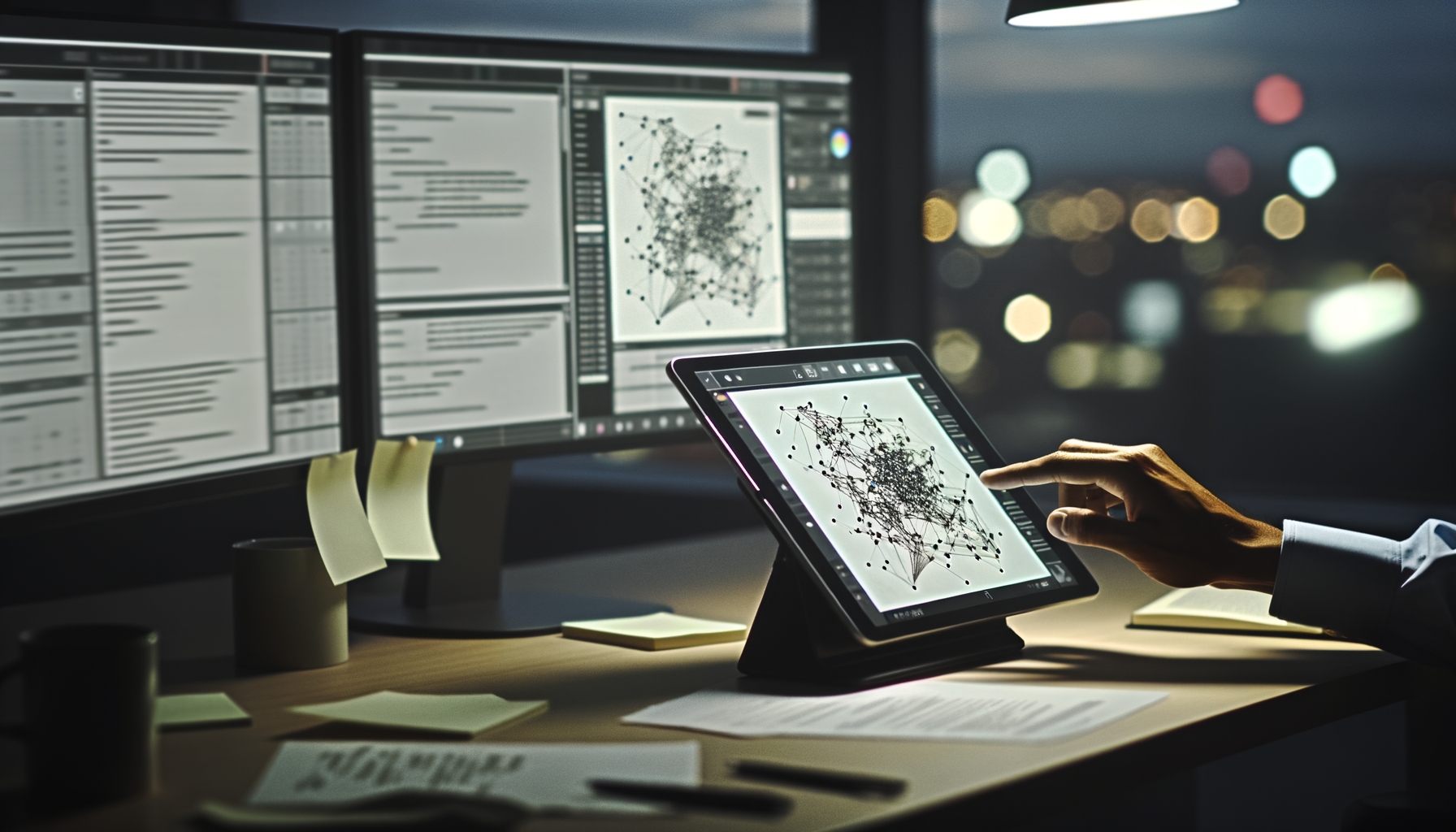 Hands adjusting a complex neural network diagram on a digital tablet with open-weight AI models, showcasing micro-realism and motion blur