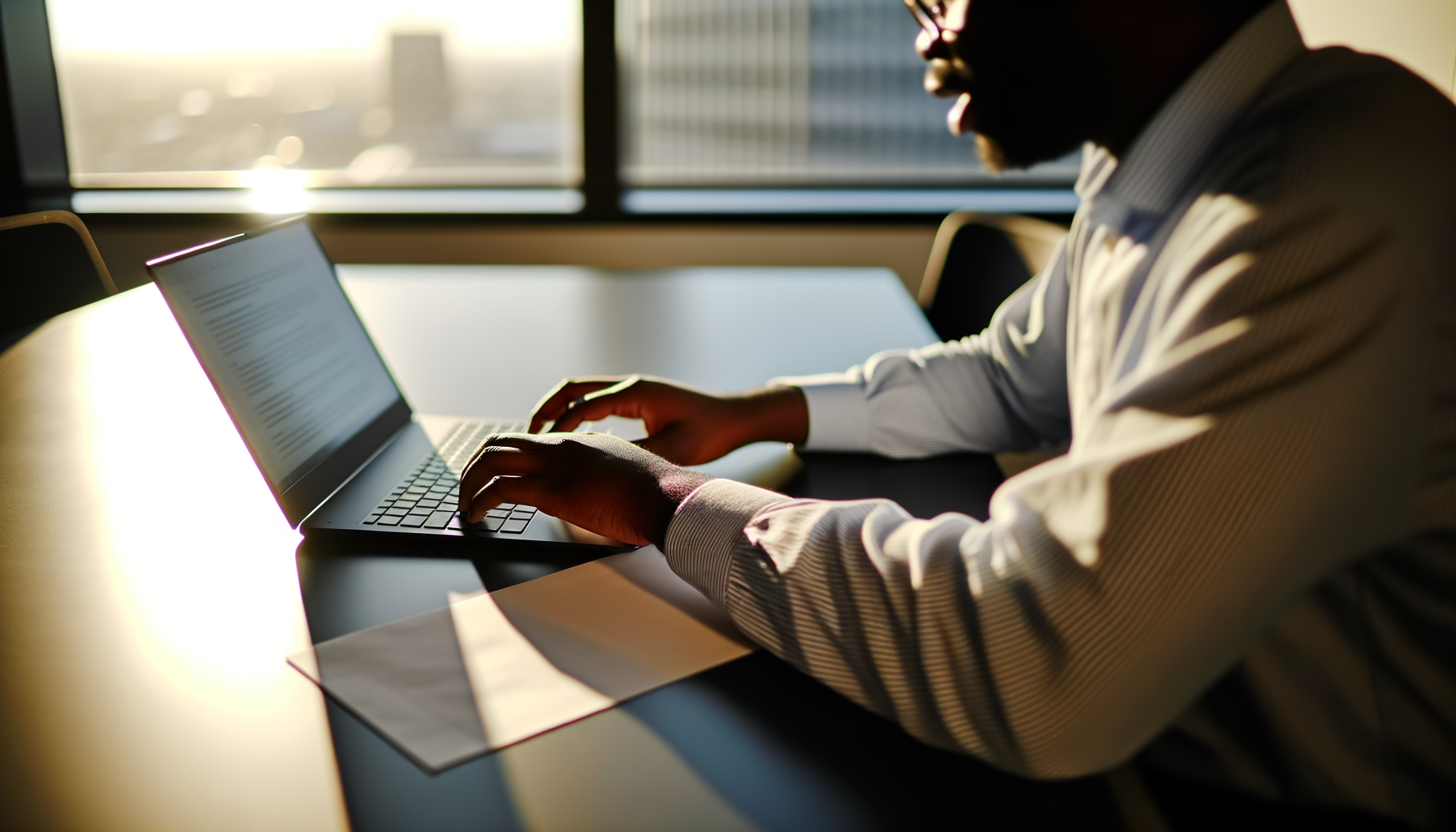 Person typing on laptop in conference room during golden hour with AI firm copyright lawsuit focus
