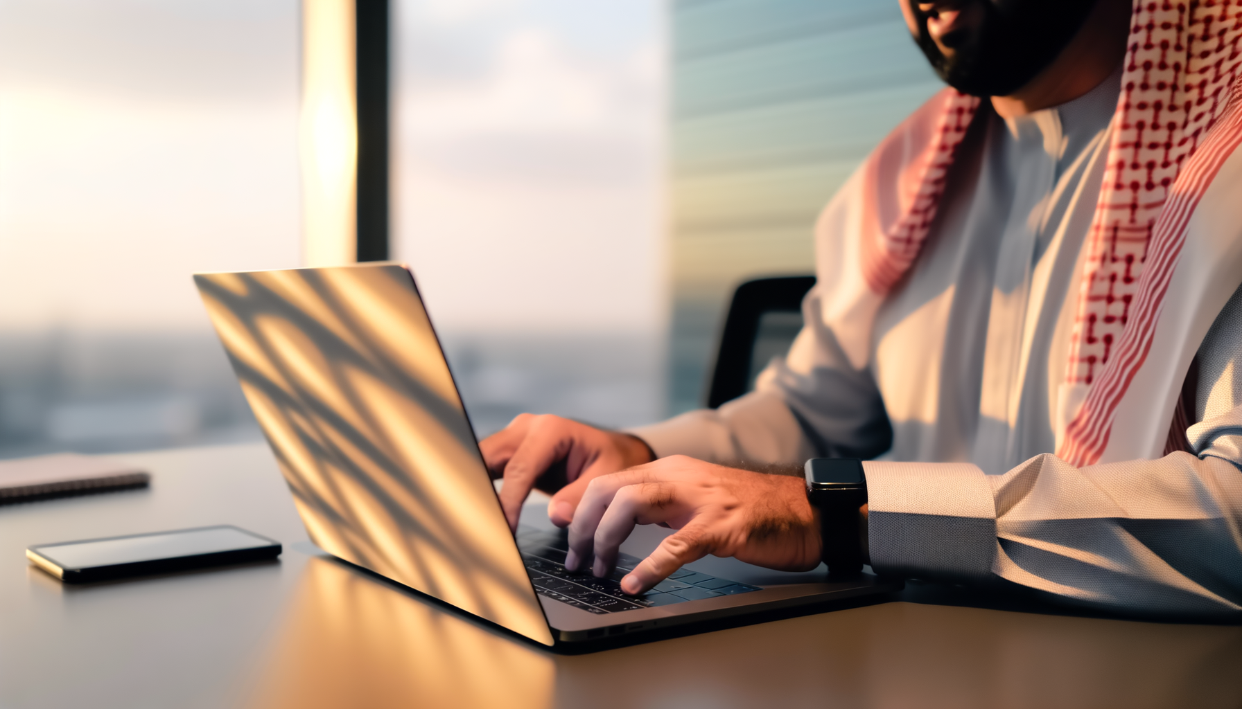 Over-the-shoulder action of hands typing on a laptop in modern office setting with Web3 technologies