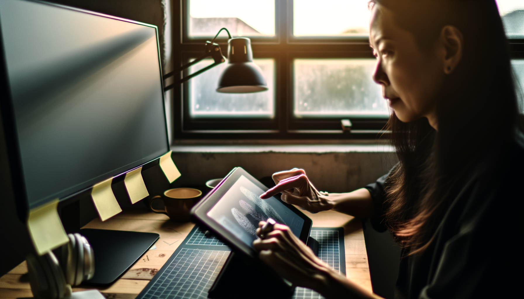 Close-up image of an individual at a desk interacting with a tablet, showing digital privacy concerns.