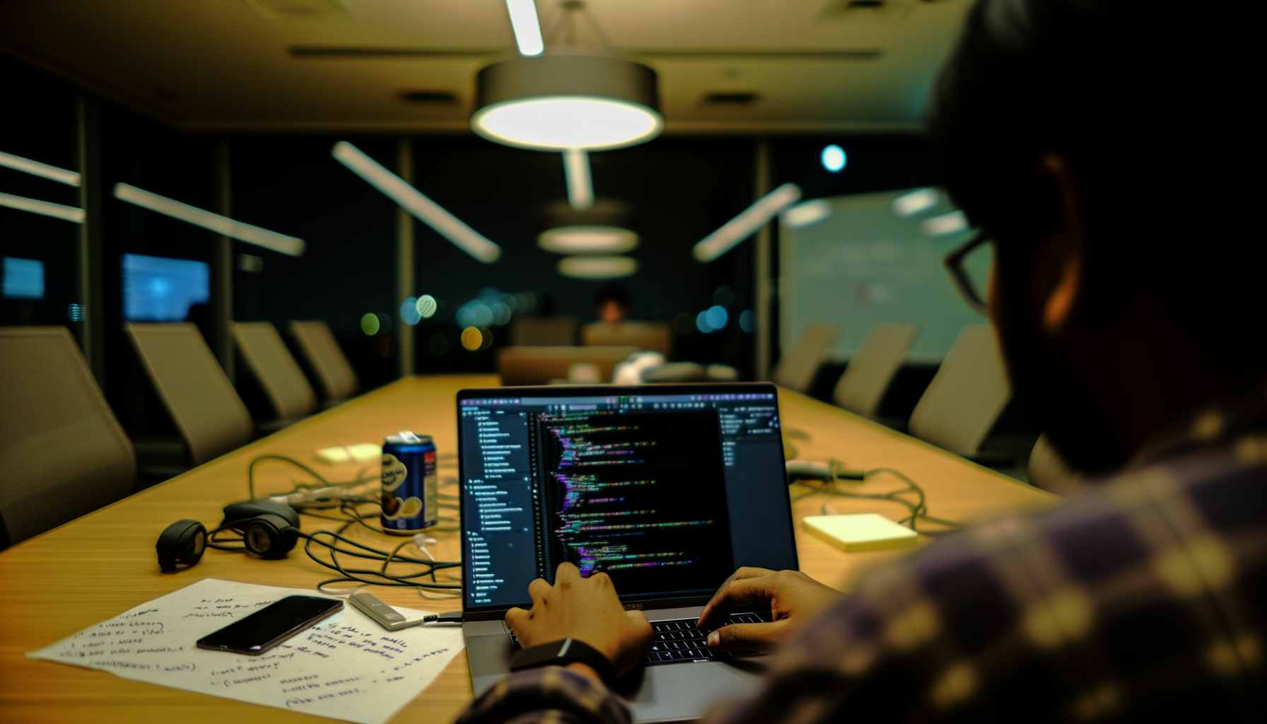 Person typing code on laptop in modern conference room for open AI models