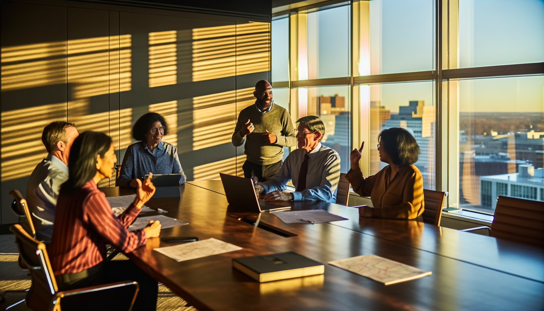 Diverse individuals engaged in discussion in modern conference room during golden hour with AI investment strategy focus.