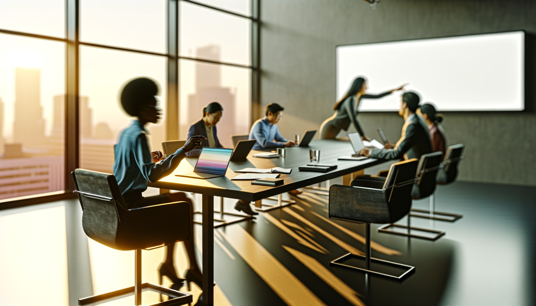 Diverse professionals in modern conference room during golden hour meeting on OpenAI image model rivalry
