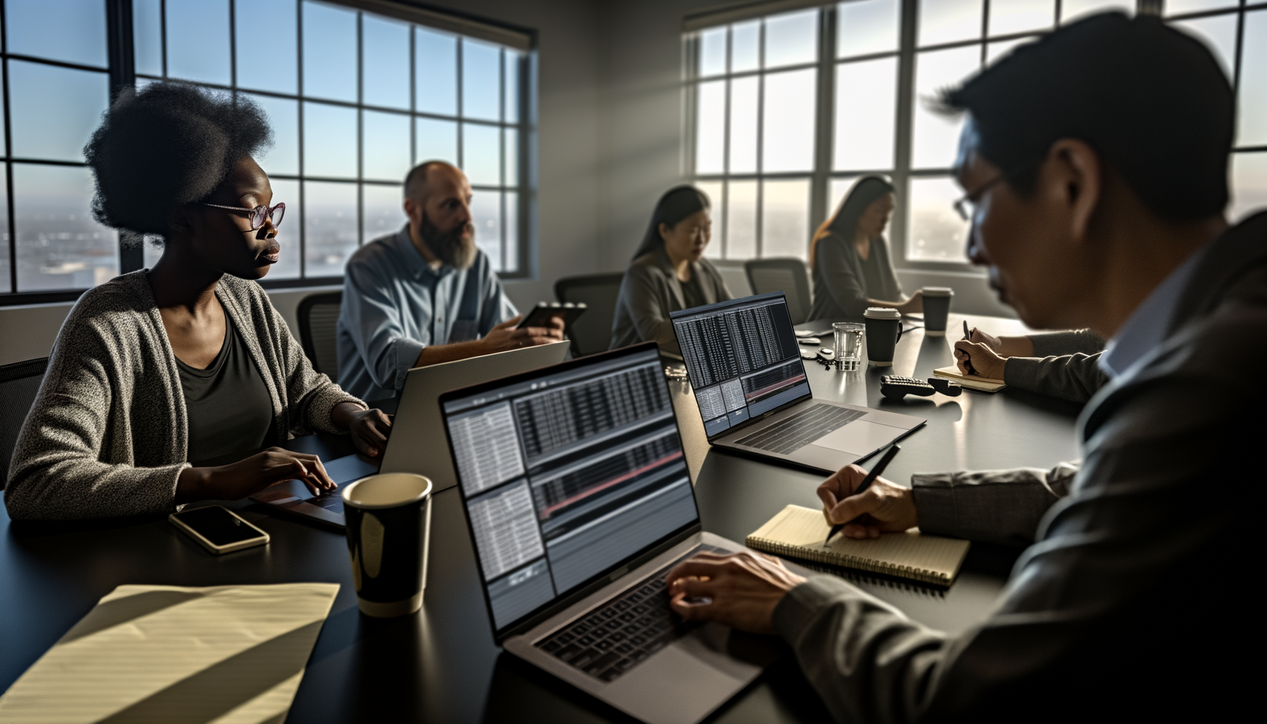 Diverse group analyzing data in conference room scene with Intellexa spyware access