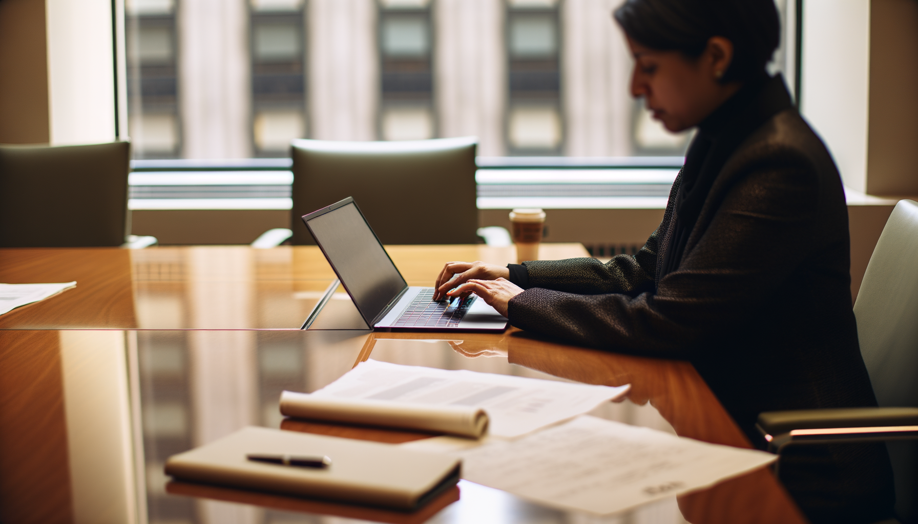 Over-the-shoulder action with hands and objects in focus in a conference room, showcasing AWS AI models.