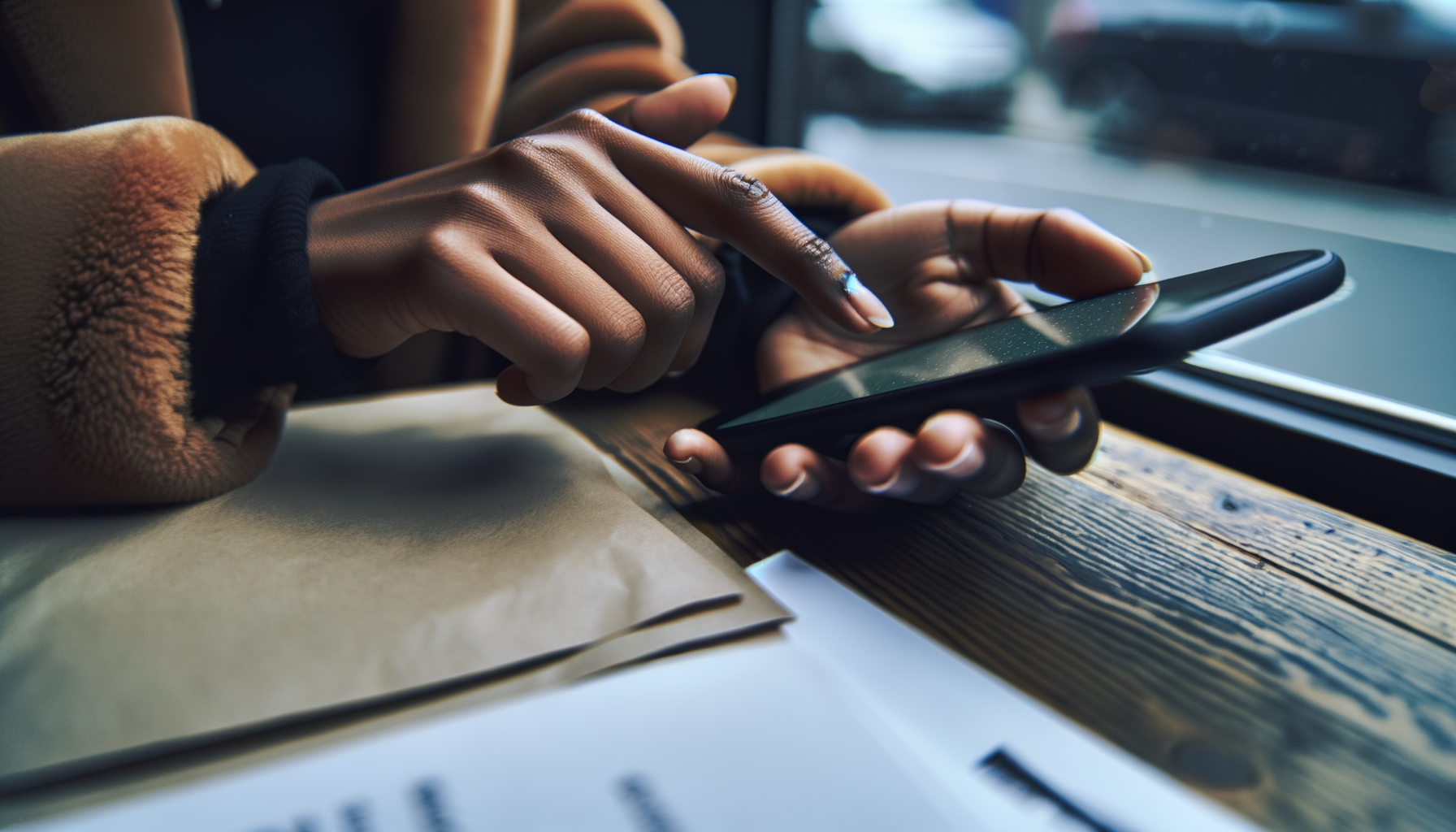 Person at café table using super app with encrypted chat, over-the-shoulder action with hands and objects in focus