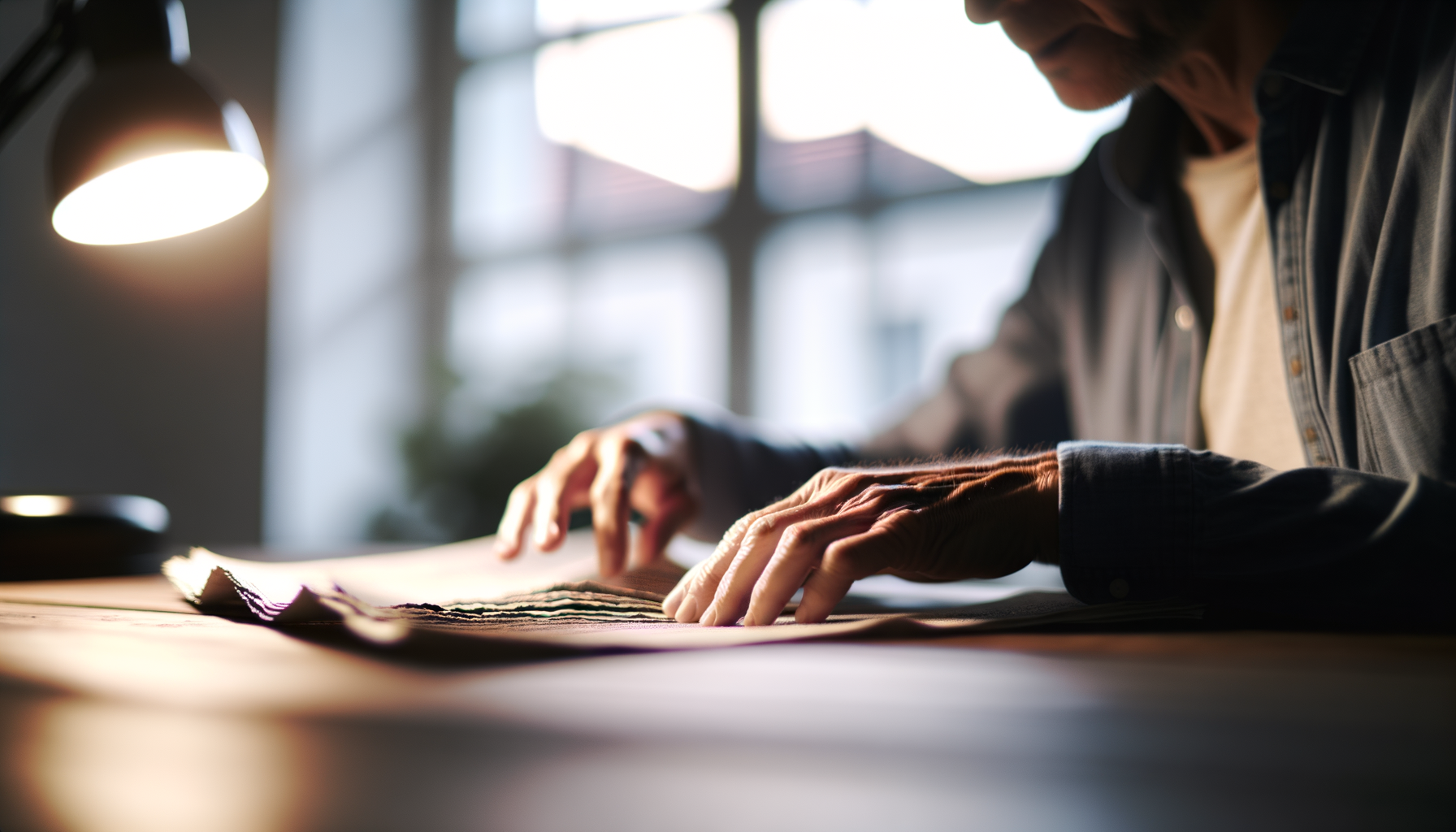 Over-the-shoulder action with hands and objects in focus, document with legal text on table, shot with 50mm full-frame lens.