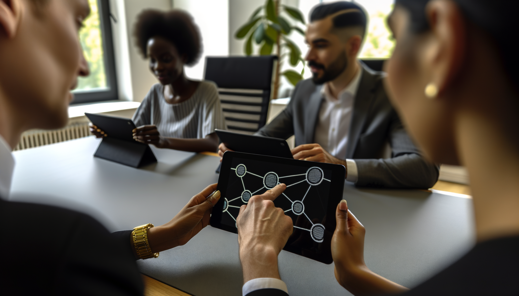 Over-the-shoulder action in office environment, diverse team collaborating over blockchain interface