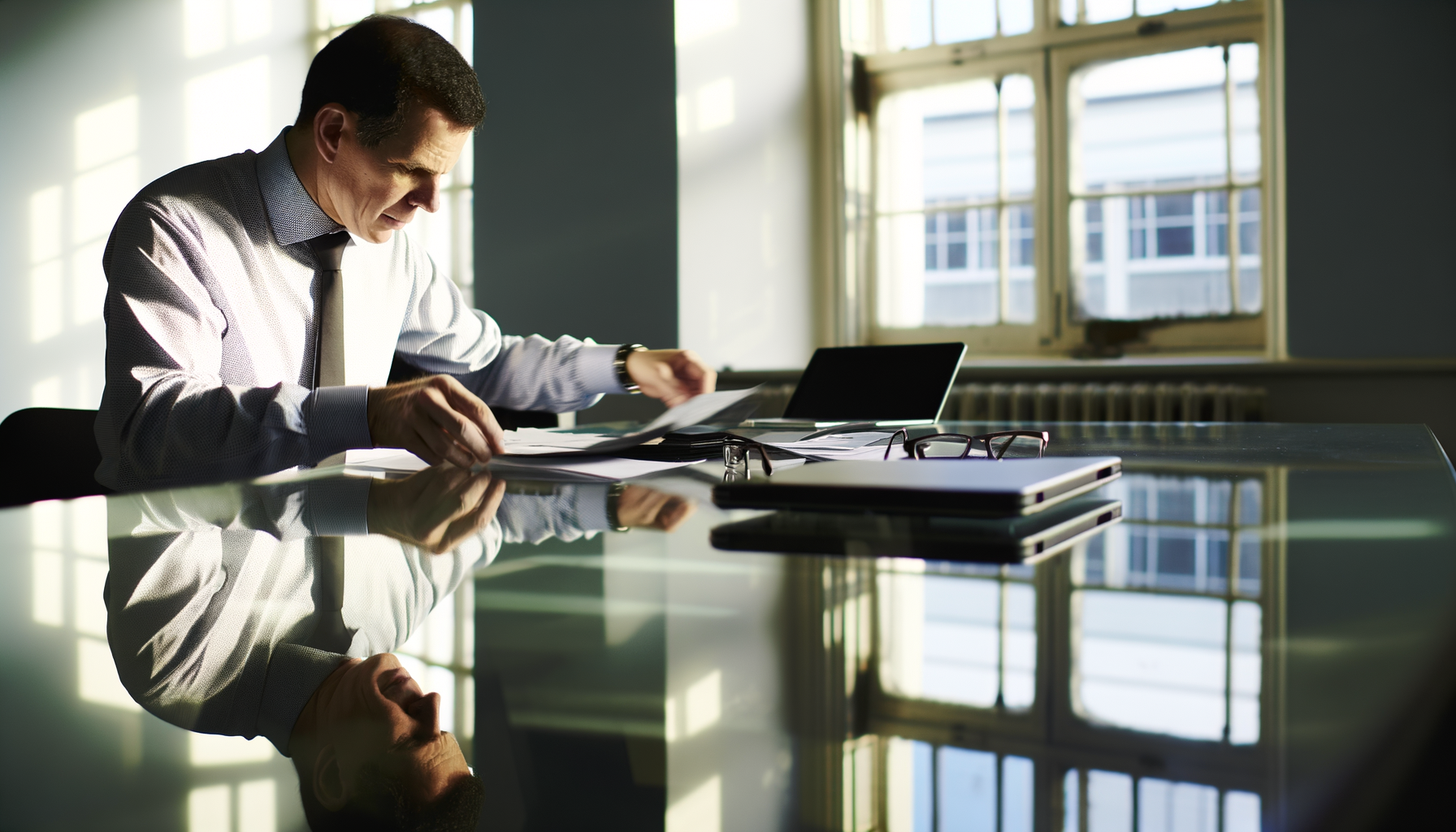 Over the shoulder action with hands and objects in focus in an office setting, showcasing state AI regulations.